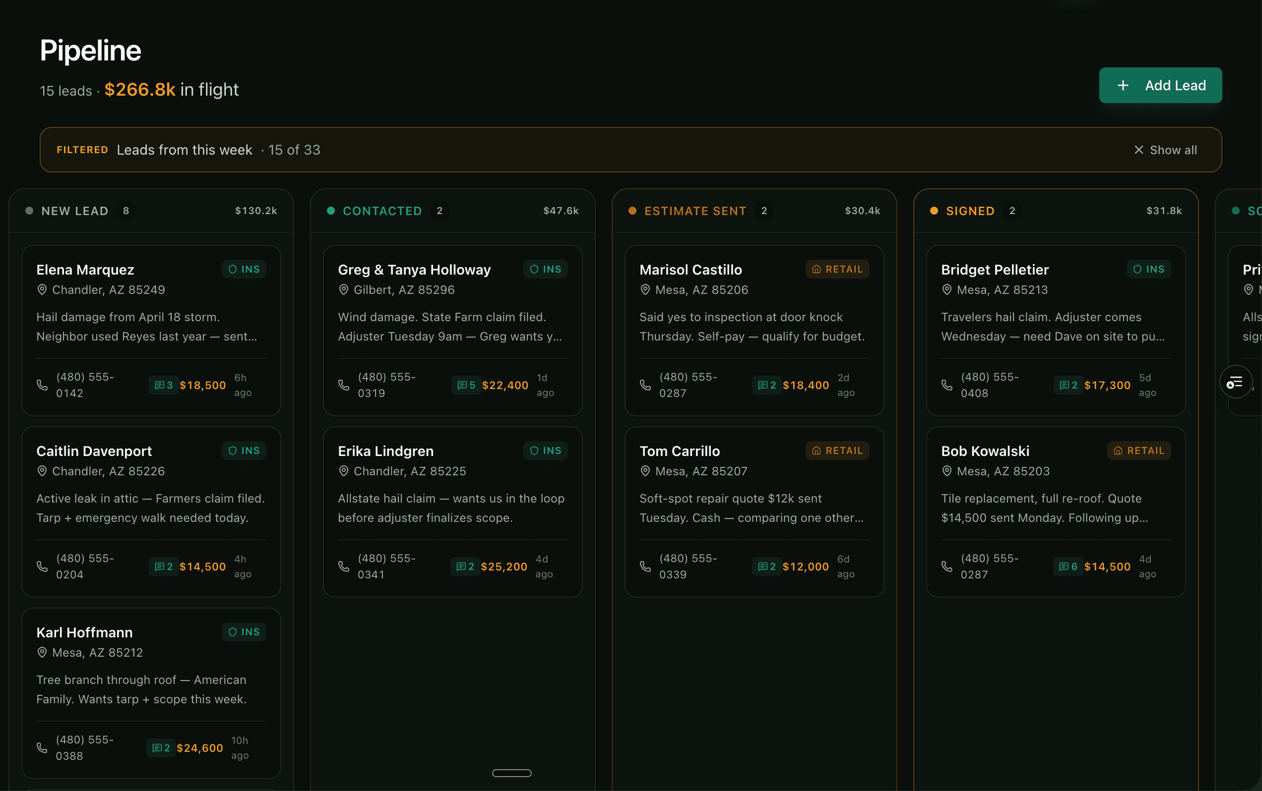 RidgeOps pipeline — kanban with New Lead, Contacted, Estimate Sent, Signed, Scheduled stages, lead cards showing claim/insurance type, value, and time-since contact